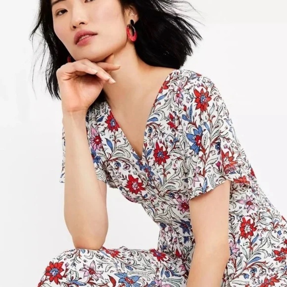 LOFT Floral Dress Cottagecore Boho Midi Red Blue Flowy Size 6